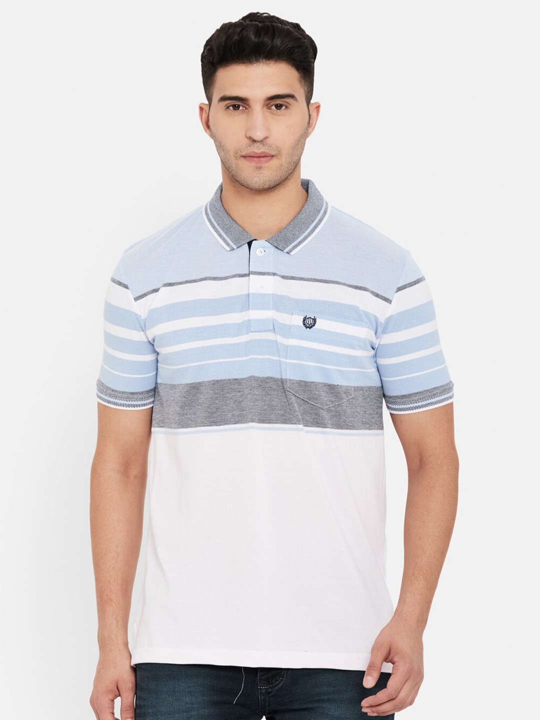 

Duke Men Blue Striped Polo Collar Pockets T-shirt
