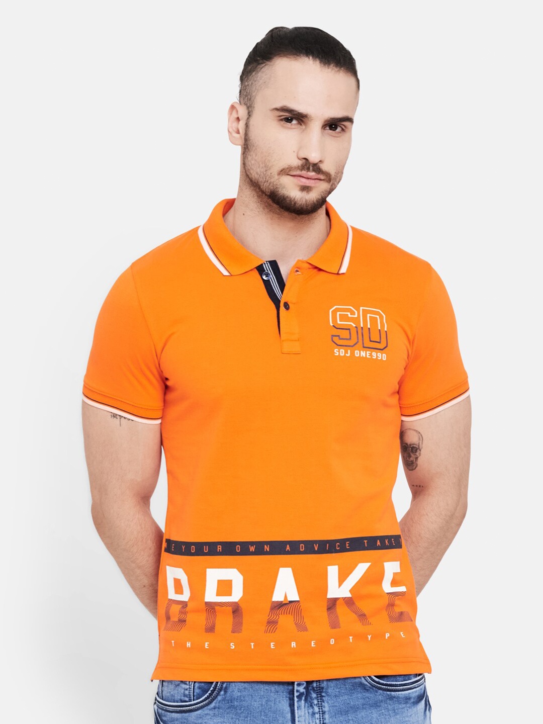 

Duke Men Orange Typography Polo Collar Applique T-shirt