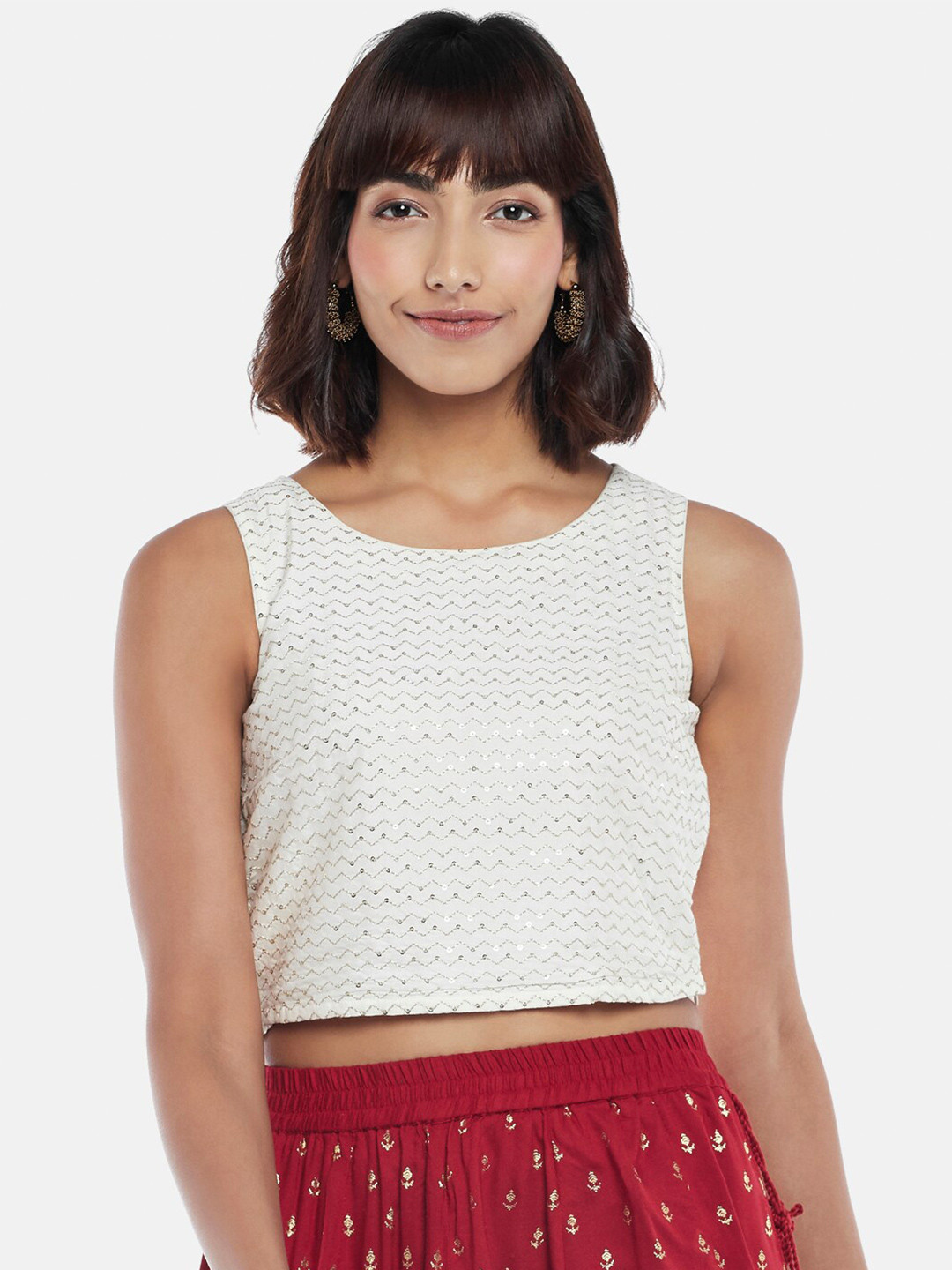 

AKKRITI BY PANTALOONS Off White Embroidered Crop Top