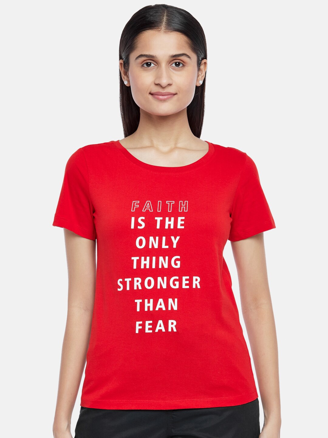

Honey by Pantaloons Women Red & White Typography Printed Pure Cotton T-shirt