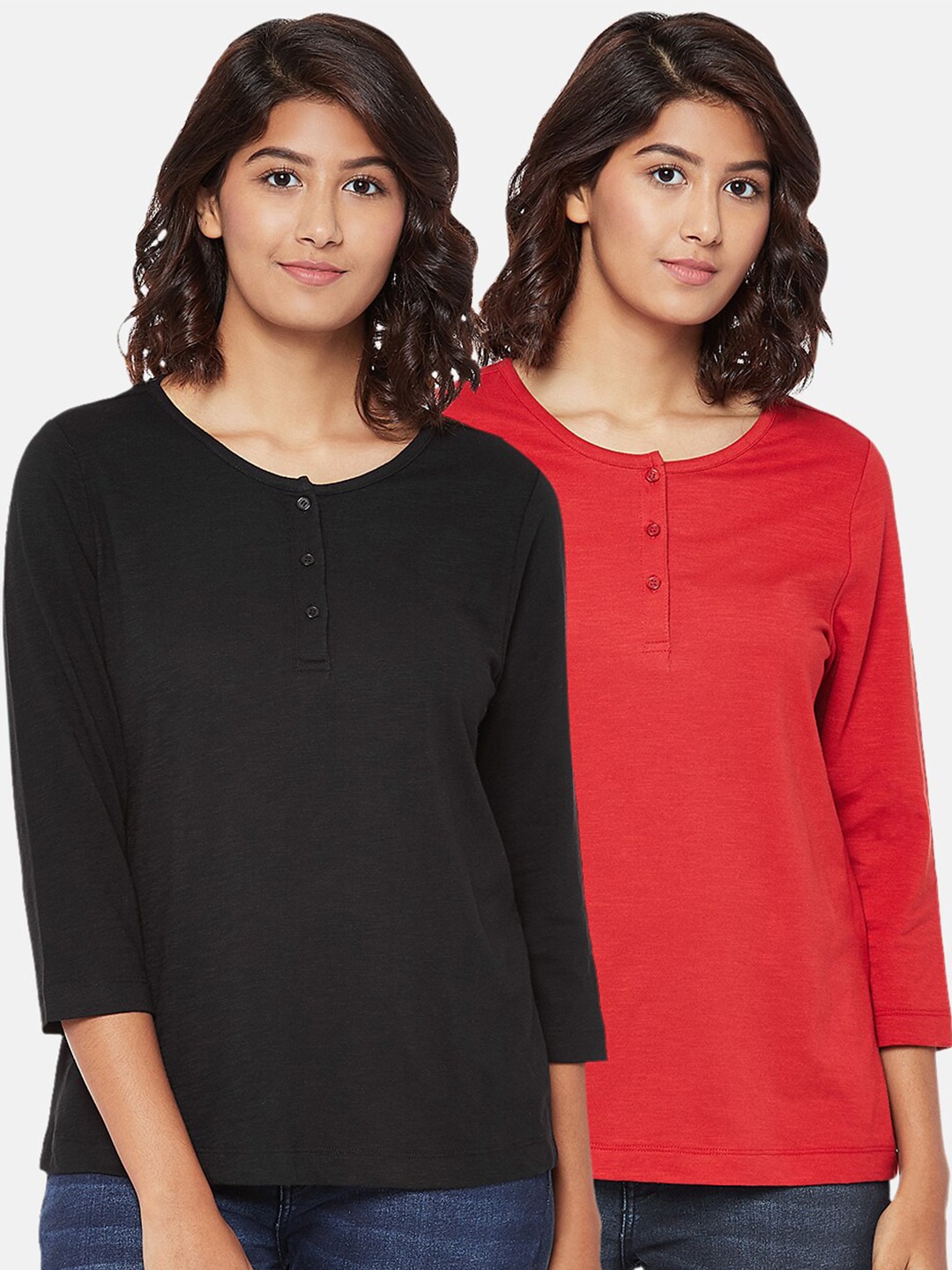 

People Women Black & Red Set of 2 Henley Neck T-shirt