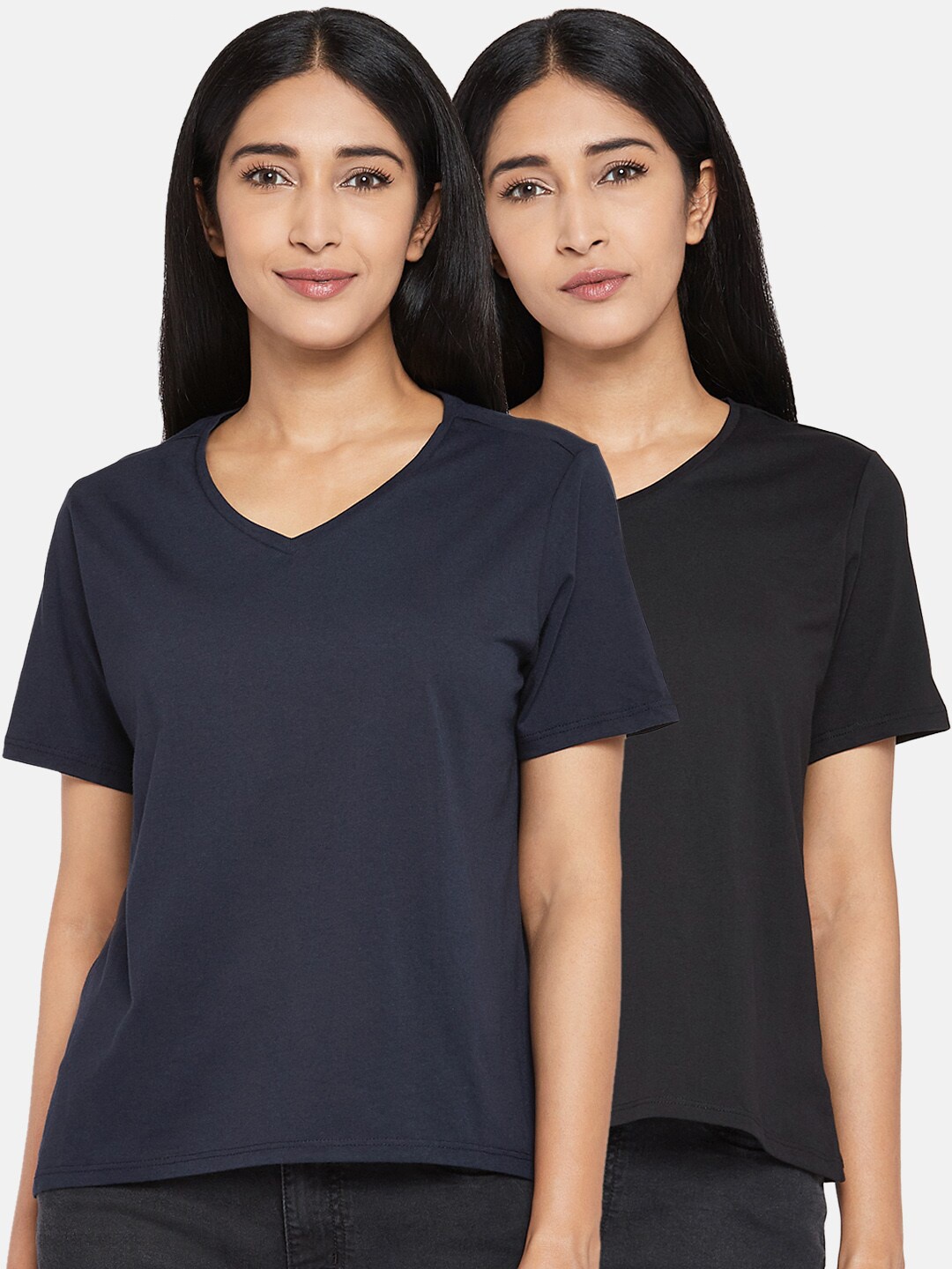 

People Women Navy Blue & Black 2 V-Neck T-shirt