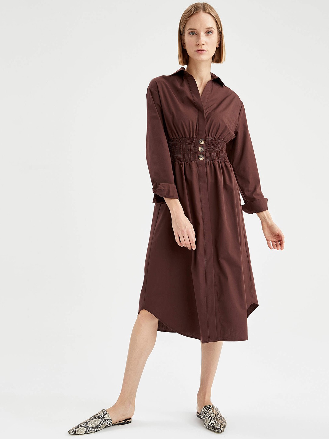 

DeFacto Women Coffee Brown Cotton Solid A-Line Midi Dress with Smocked Detail