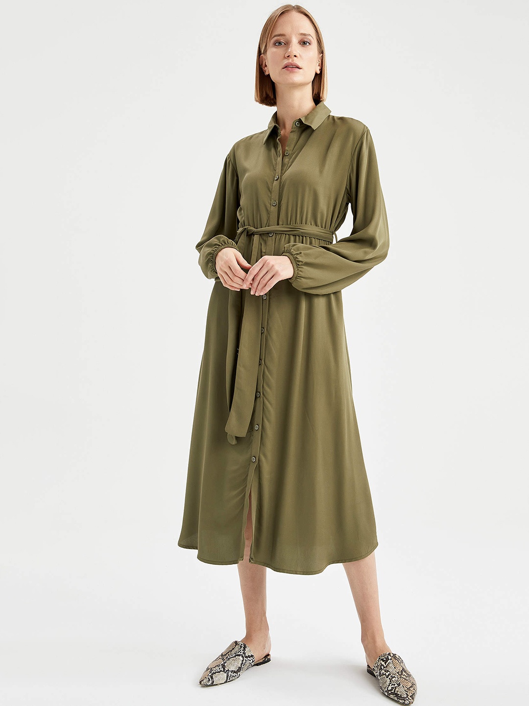 

DeFacto Women Olive Green Solid Belted Shirt Midi Dress