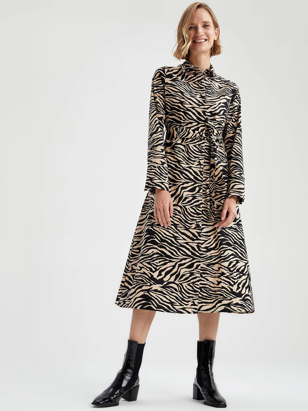 

DeFacto Beige & Black Animal Print Pure Cotton Shirt Midi Dress with Belt