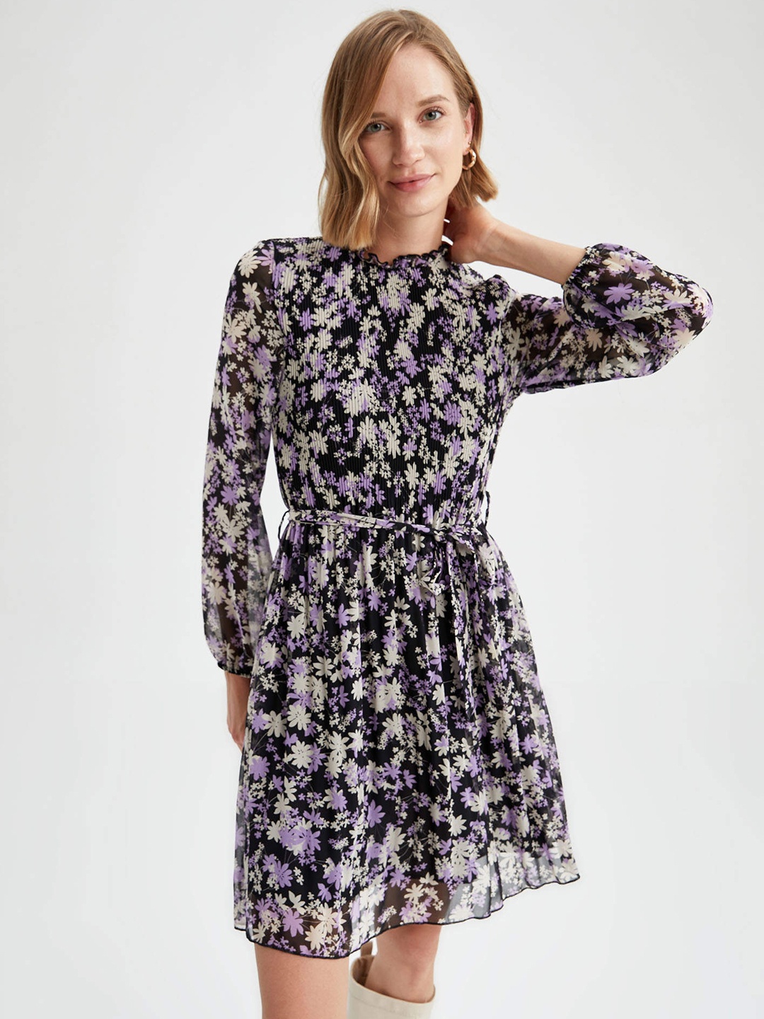 

DeFacto Black & Purple Accordion Pleated Floral Print Fit & Flare Dress