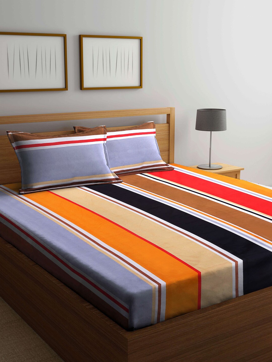 

KLOTTHE Multicoloured Striped 210 TC King Bedsheet with 2 Pillow Covers, Multi
