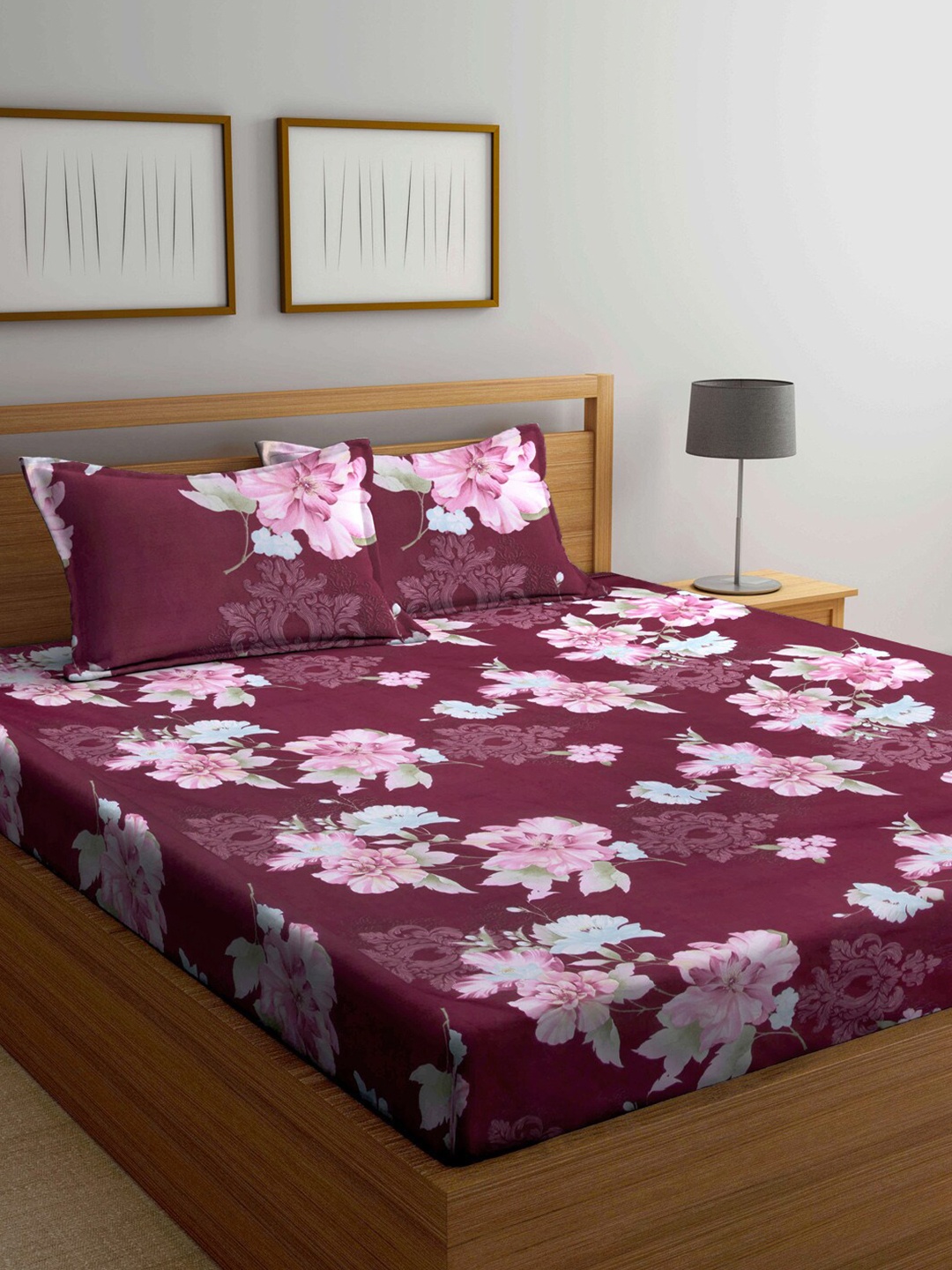 

KLOTTHE Maroon Floral 210 TC 1 King Size Bedsheet with 2 Pillow Covers