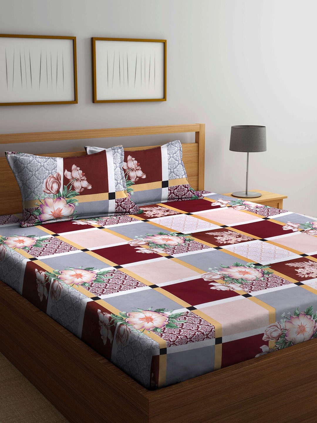 

KLOTTHE Maroon & Grey Floral 210 TC 1 King Size Bedsheet with 2 Pillow Covers