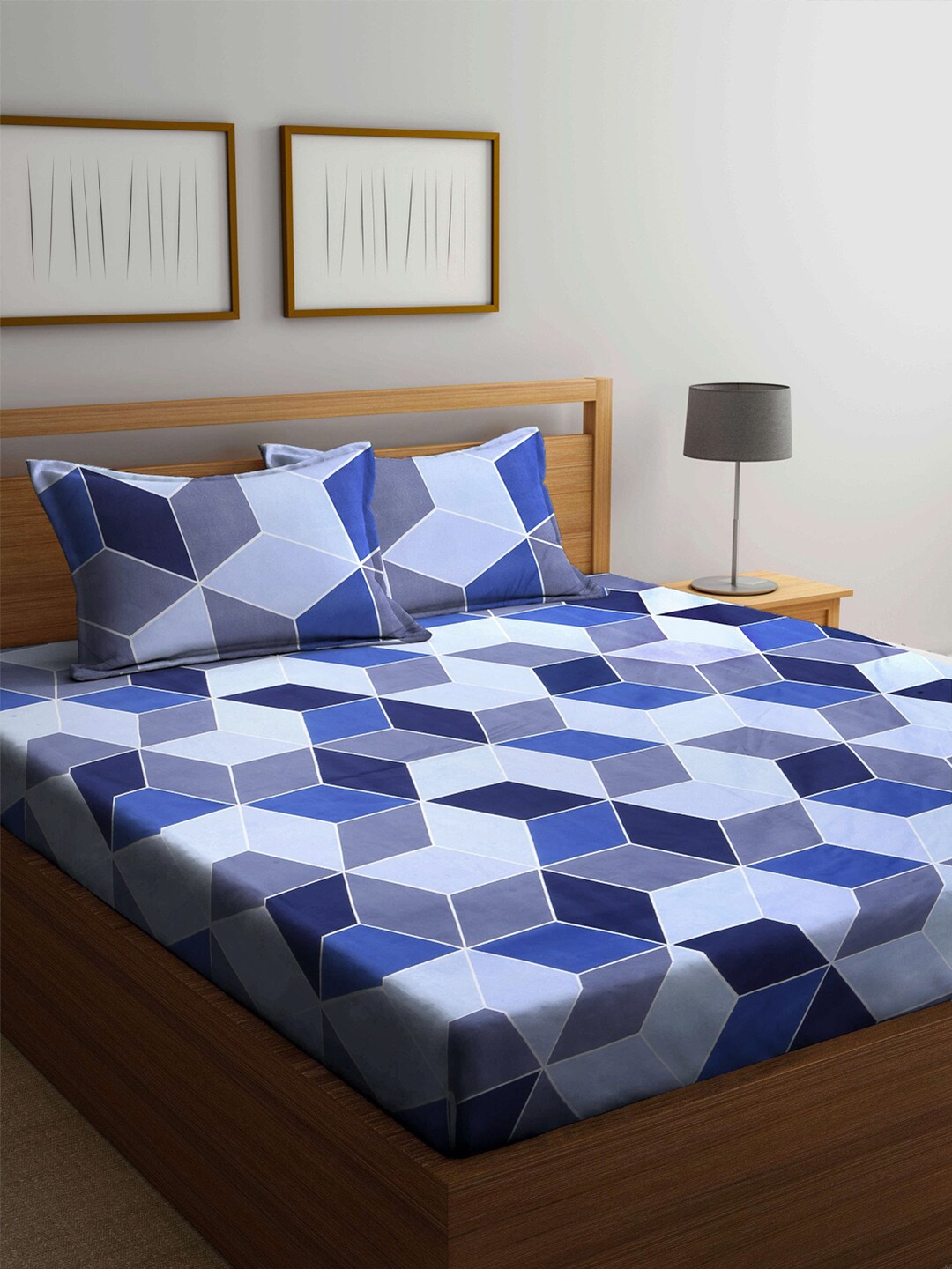 

KLOTTHE Blue & Grey Geometric 210 TC Cotton 1 King Bedsheet with 2 Pillow Covers