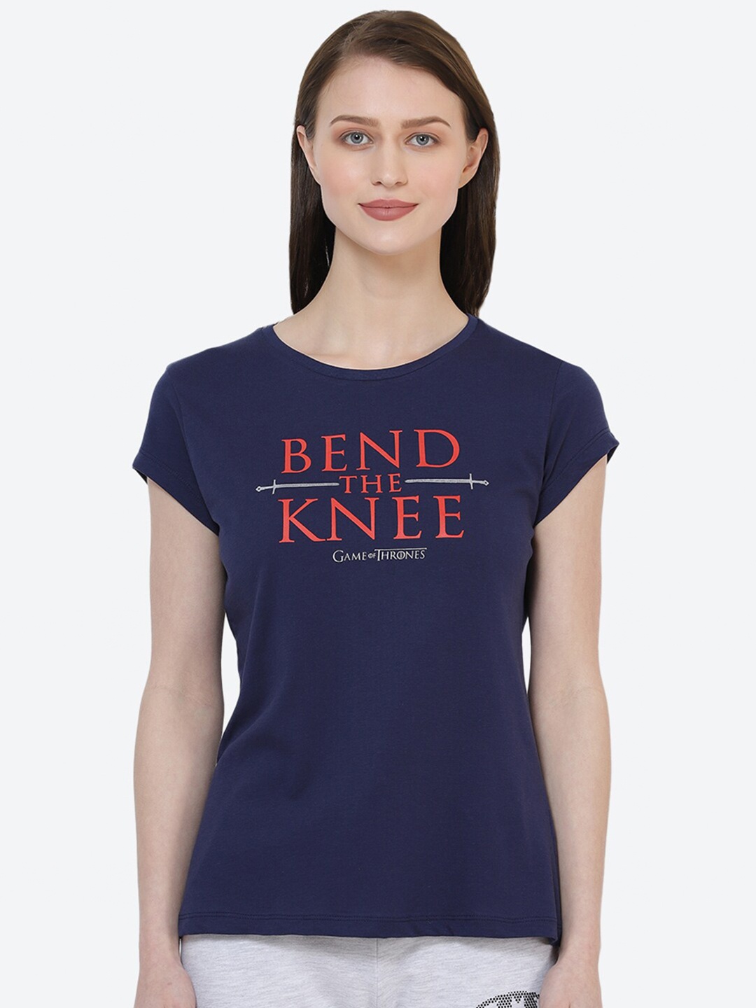 

Free Authority Game Of Thrones Featured Women Navy Blue Typography Printed T-shirt