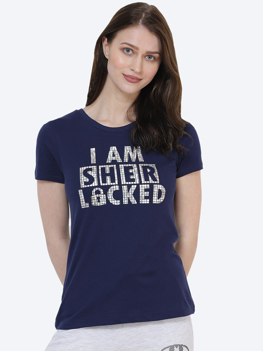 

Free Authority Sherlock Featured Women Navy Blue Typography Printed T-shirt