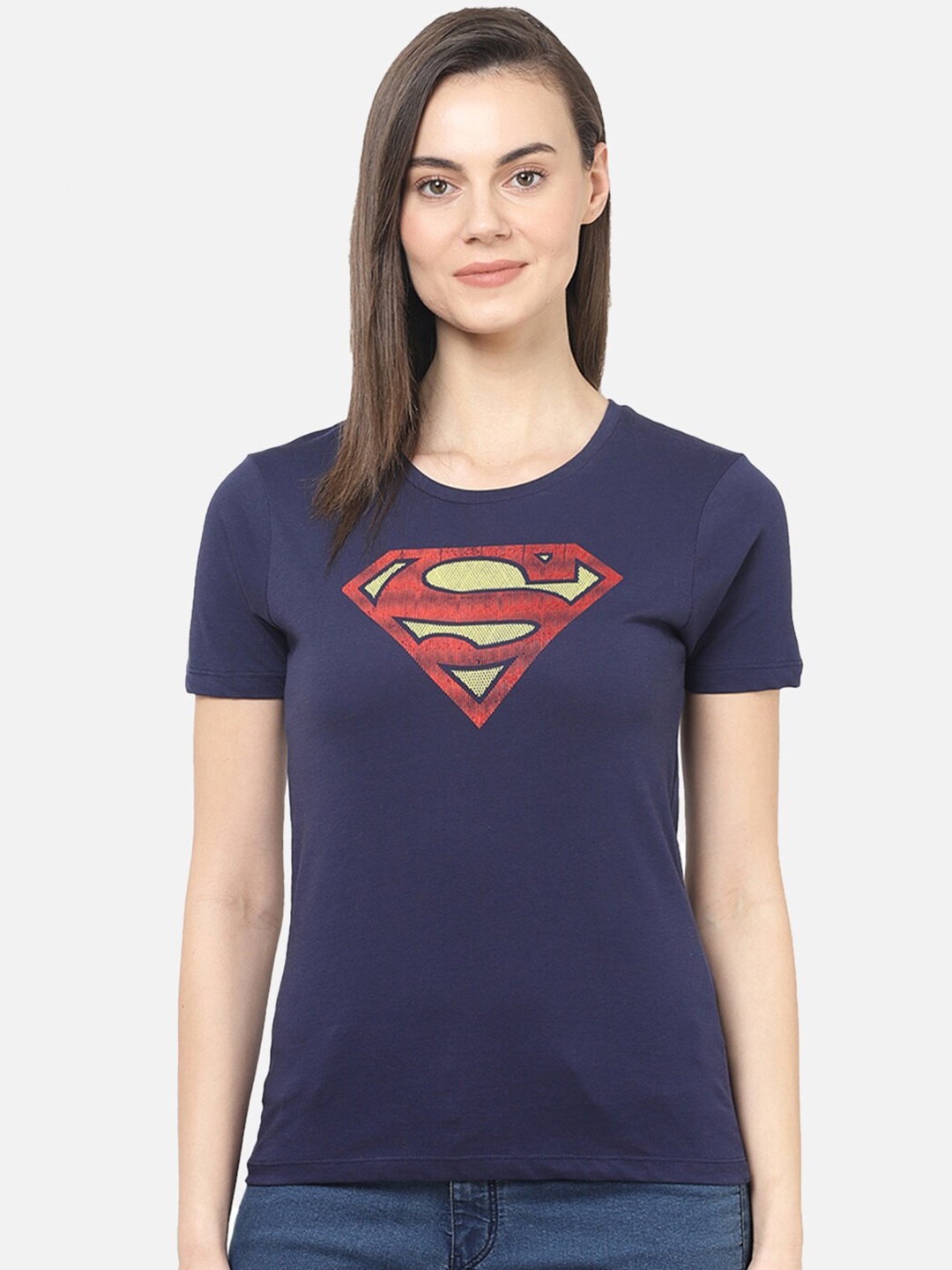 

Free Authority Women Navy Blue Superman Printed Raw Edge T-shirt