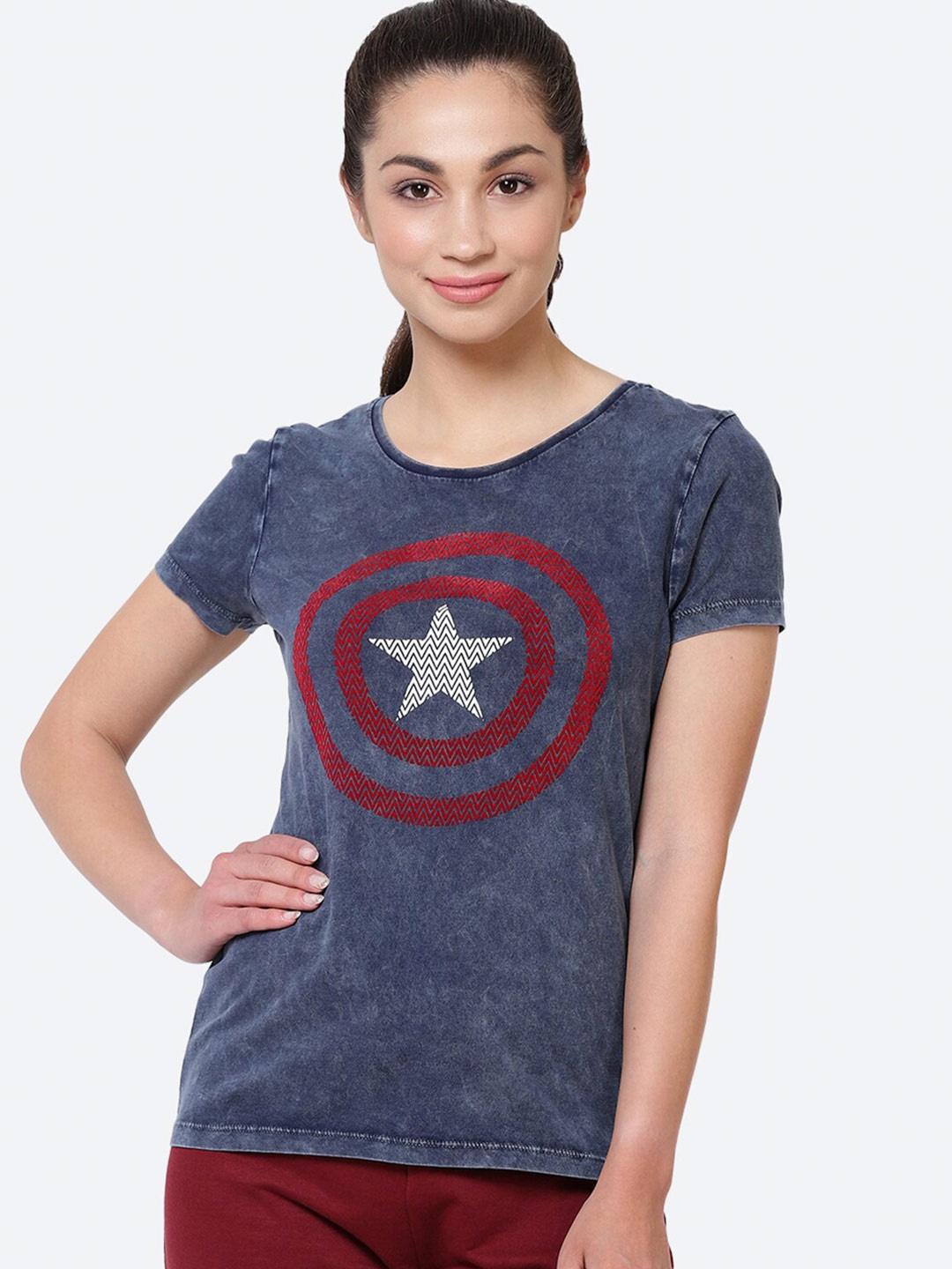 

Free Authority Women Blue Captain America Printed Cut Outs T-shirt