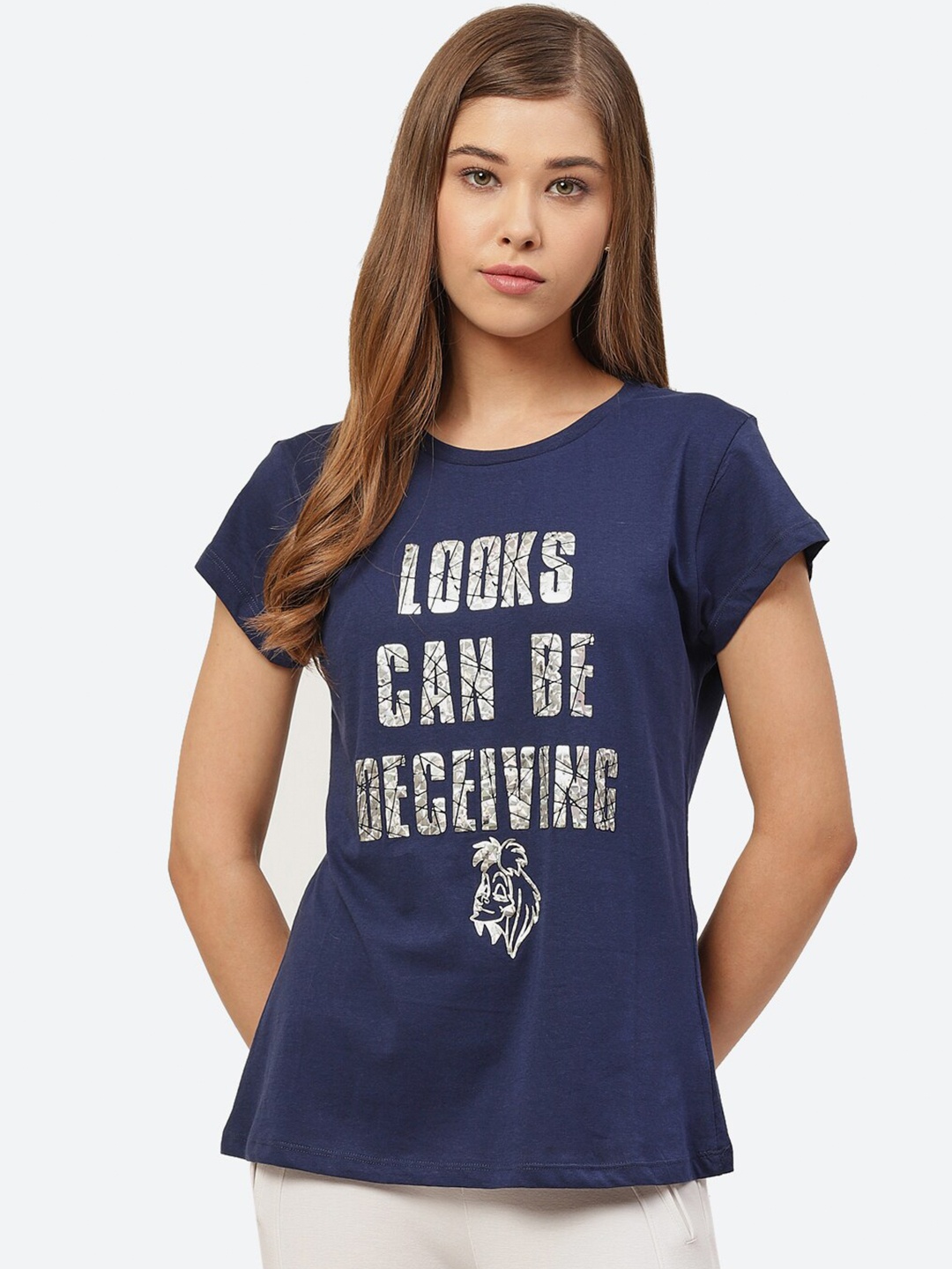 

Free Authority Women Blue Typography Printed Raw Edge T-shirt