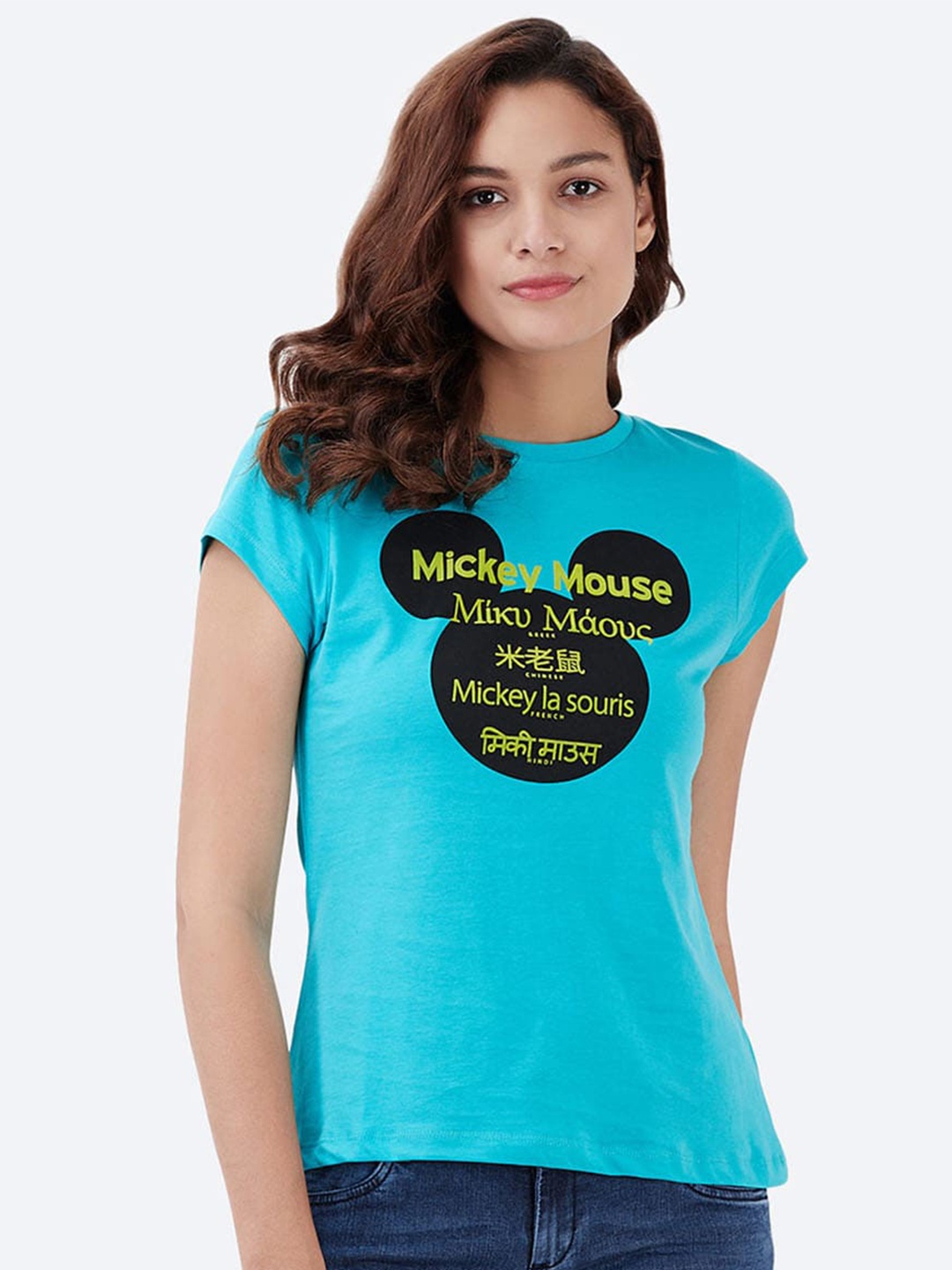 

Free Authority Mickey & Friends Featured Women Blue Typography Printed T-shirt