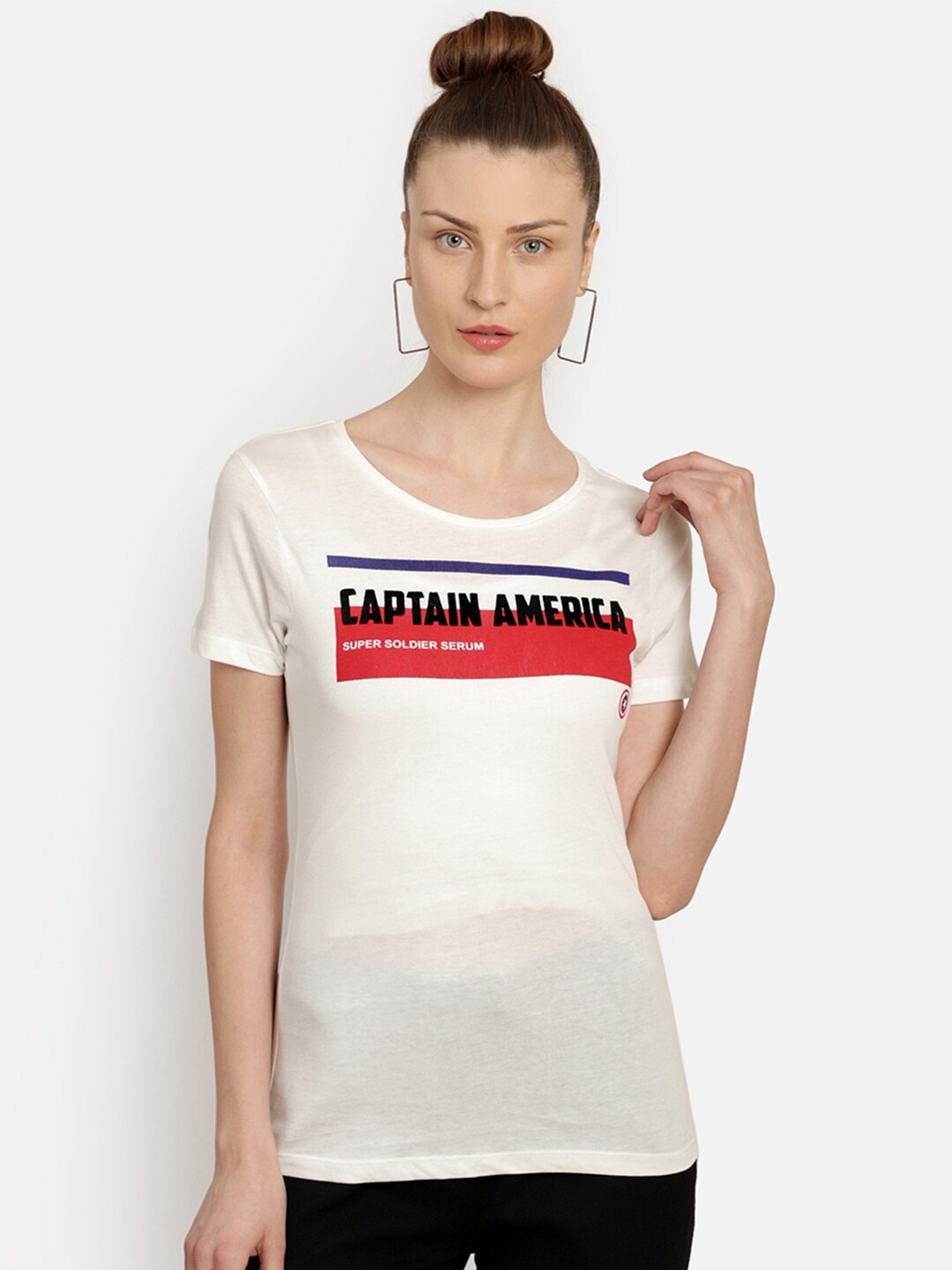 

Free Authority Women White Typography Captain America Printed Pockets T-shirt