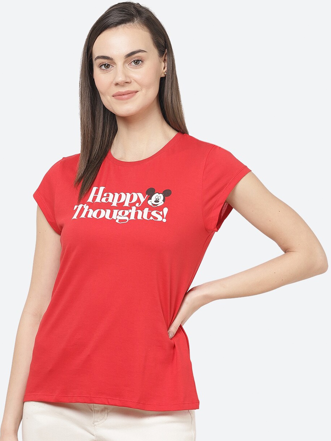 

Free Authority Mickey & Friends Featured Women Red Typography T-shirt