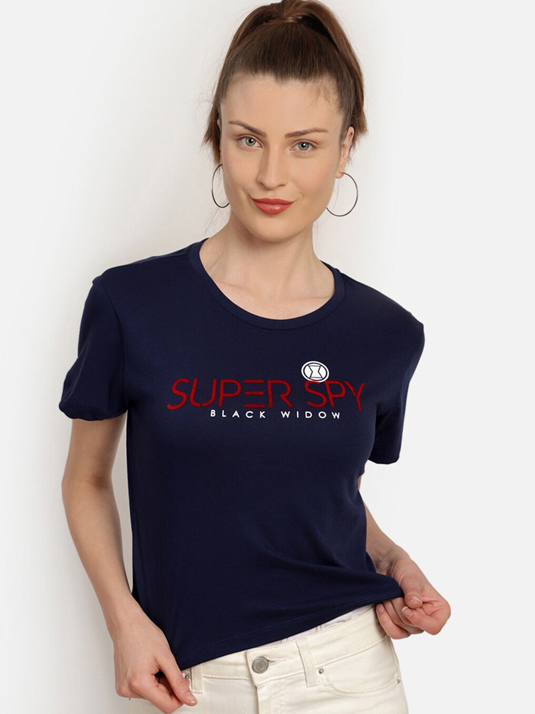 

Free Authority Black Widow Featured Women Navy Blue Typography Printed T-shirt