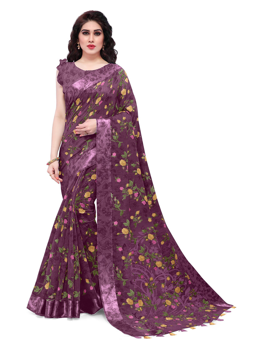 

KALINI Purple & Yellow Floral Printed Saree