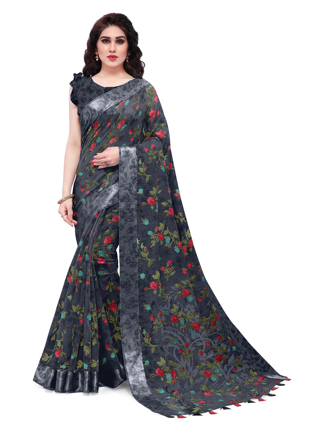 

KALINI Black & Red Floral Bagh Saree