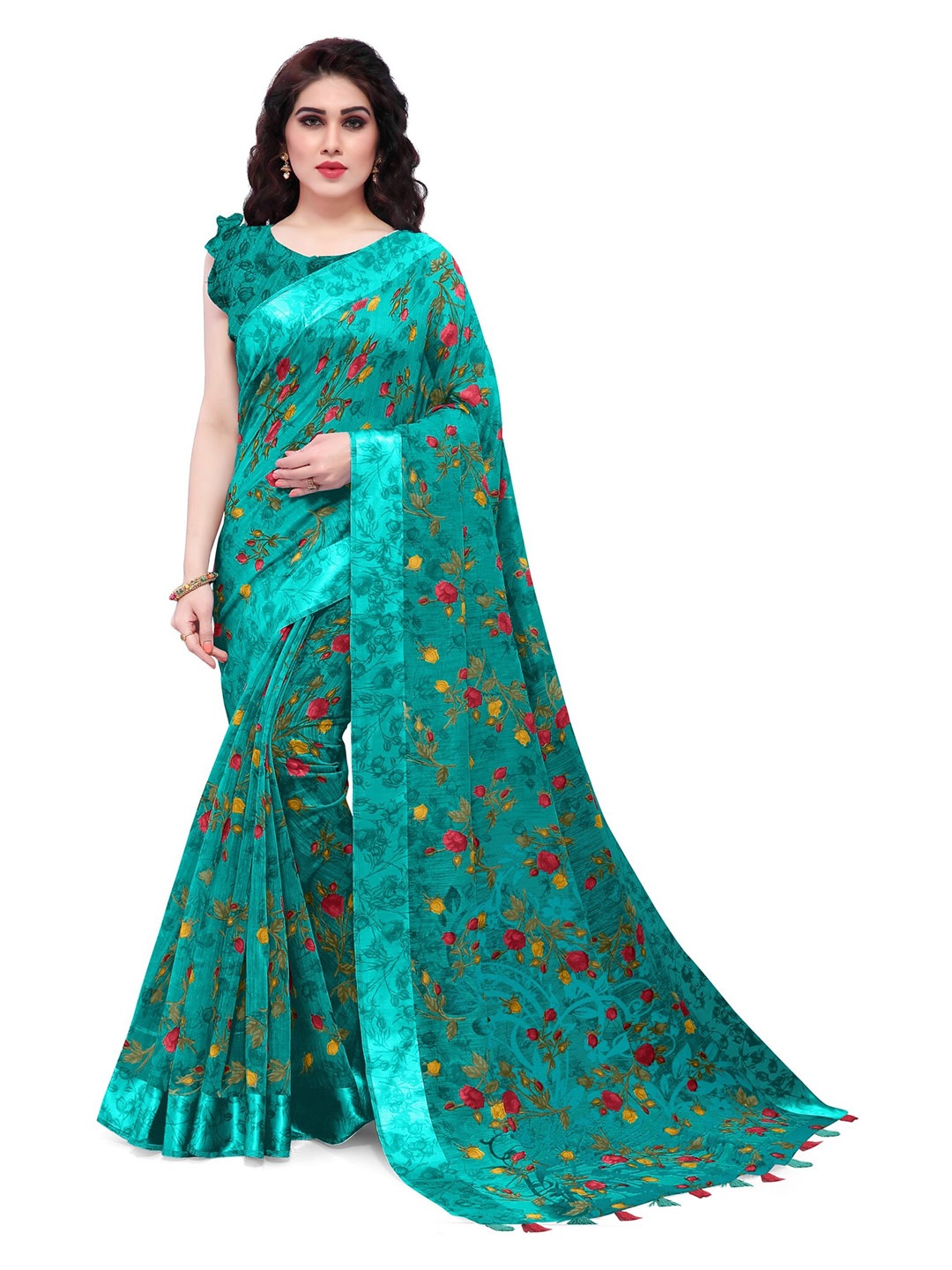 

KALINI Teal & Red Floral Bagh Saree