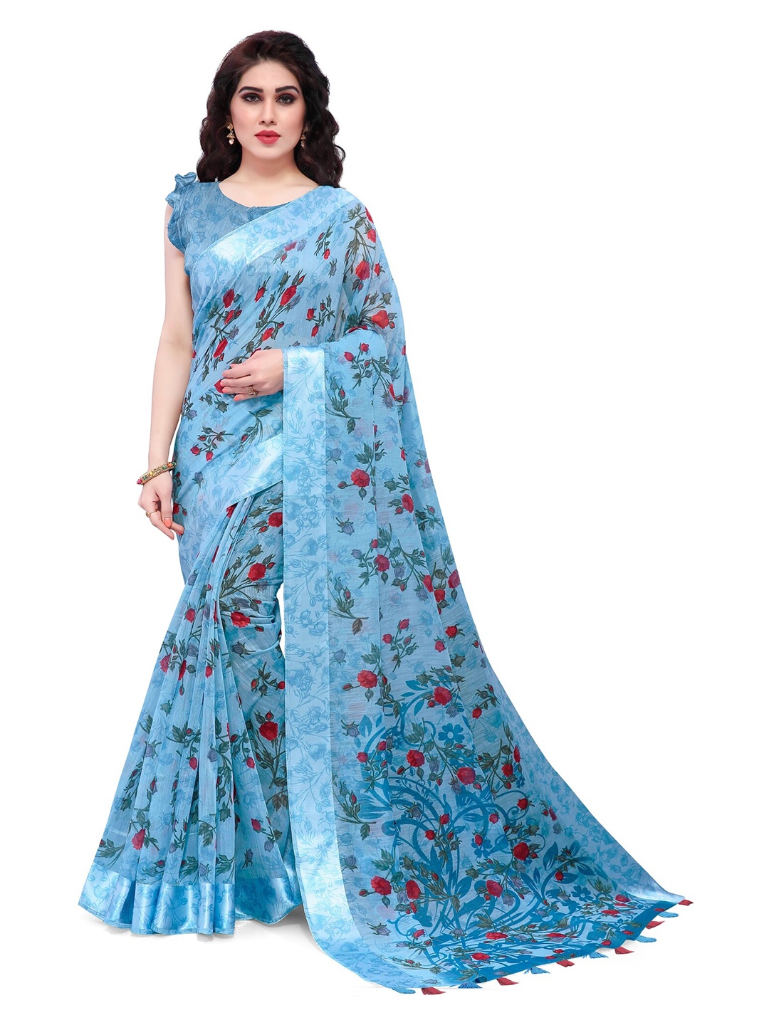 KALINI Blue & Red Floral Printed Saree