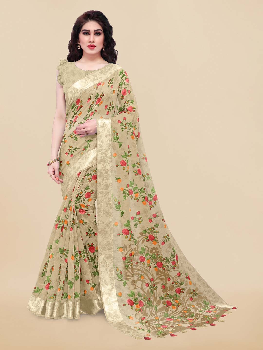 

KALINI Beige & Green Floral Printed Saree