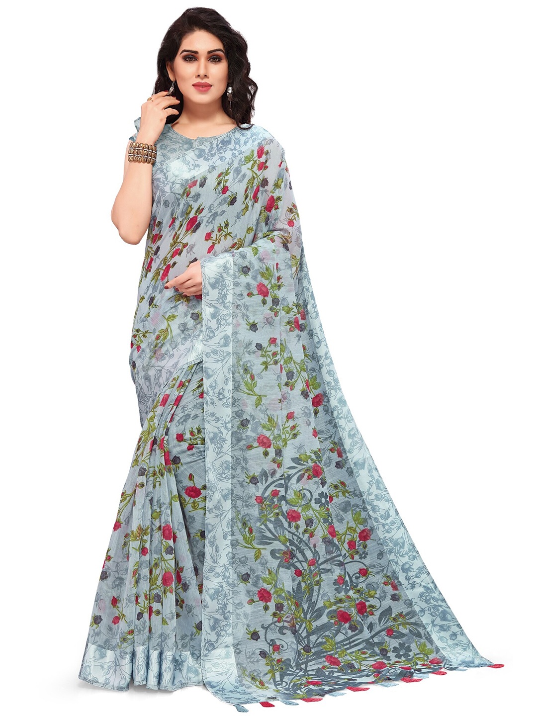 

KALINI Grey & Green Floral Bagh Saree