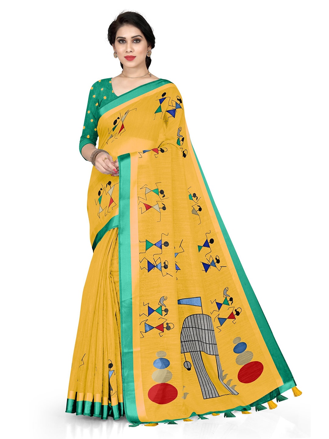

KALINI Yellow & Green Warli Printed Saree