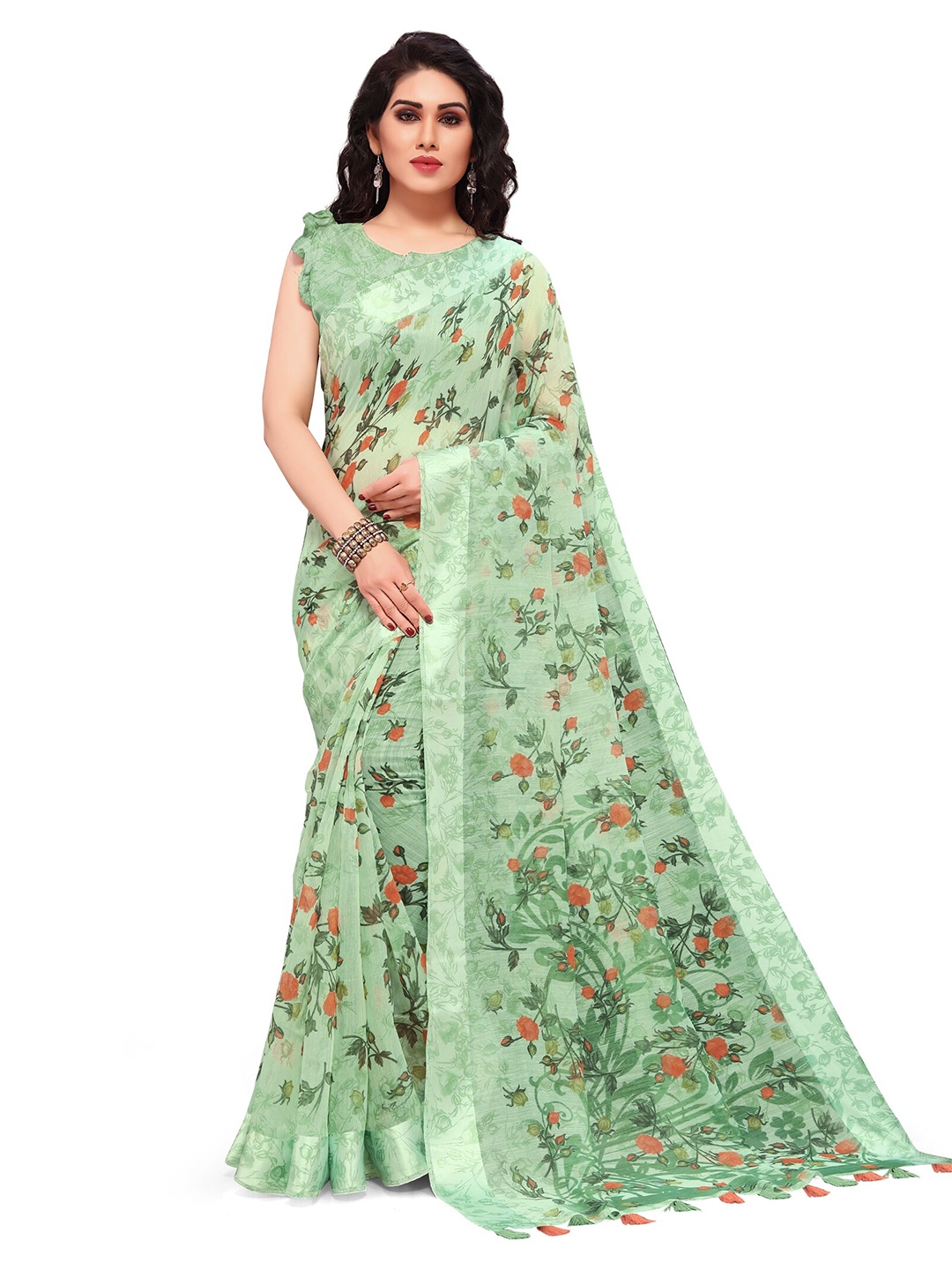 

KALINI Green & Orange Floral Printed Polycotton Saree