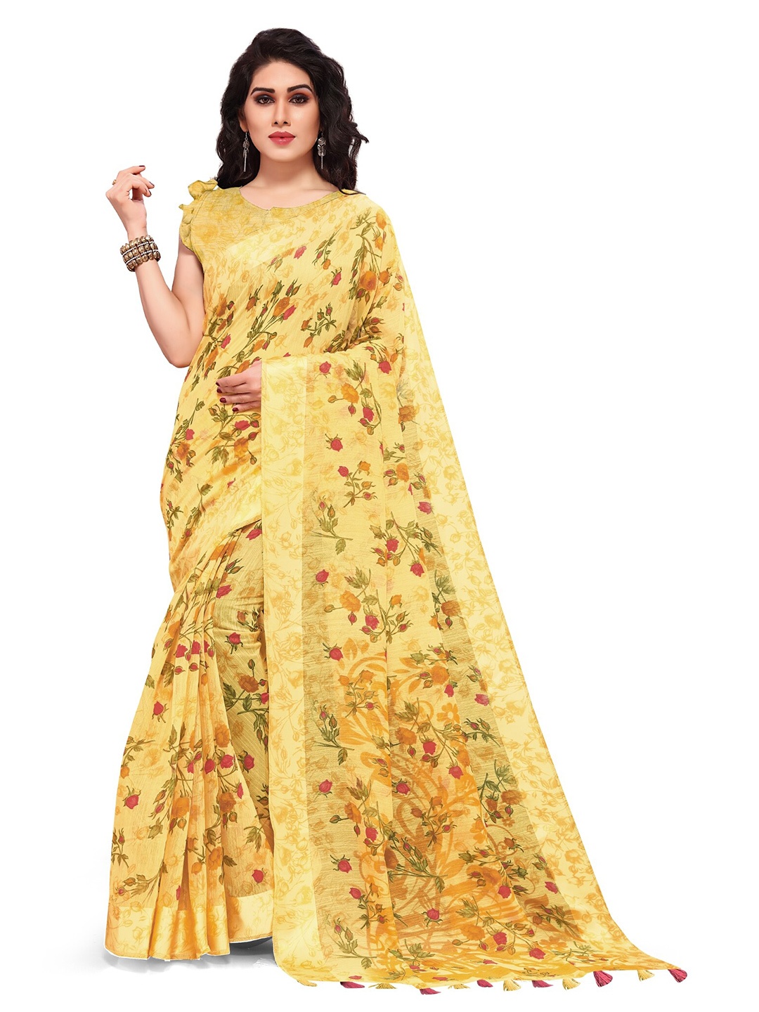 

KALINI Women Yellow & Red Floral printed Bagh Saree