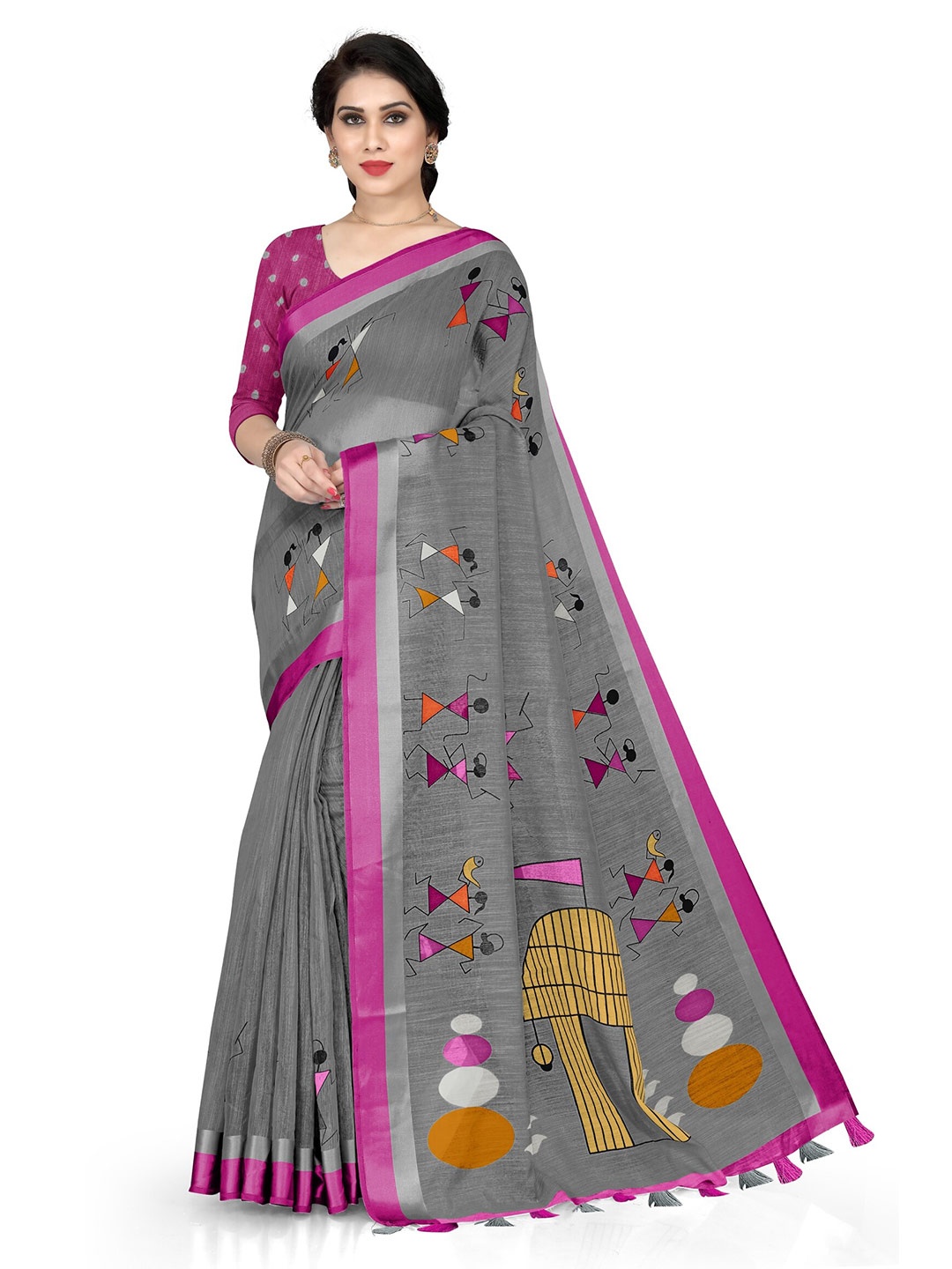 

KALINI Grey & Magenta Warli Saree