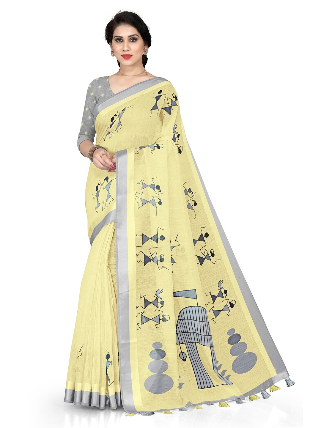 

KALINI Yellow & Grey Warli Printed Polycotton Saree