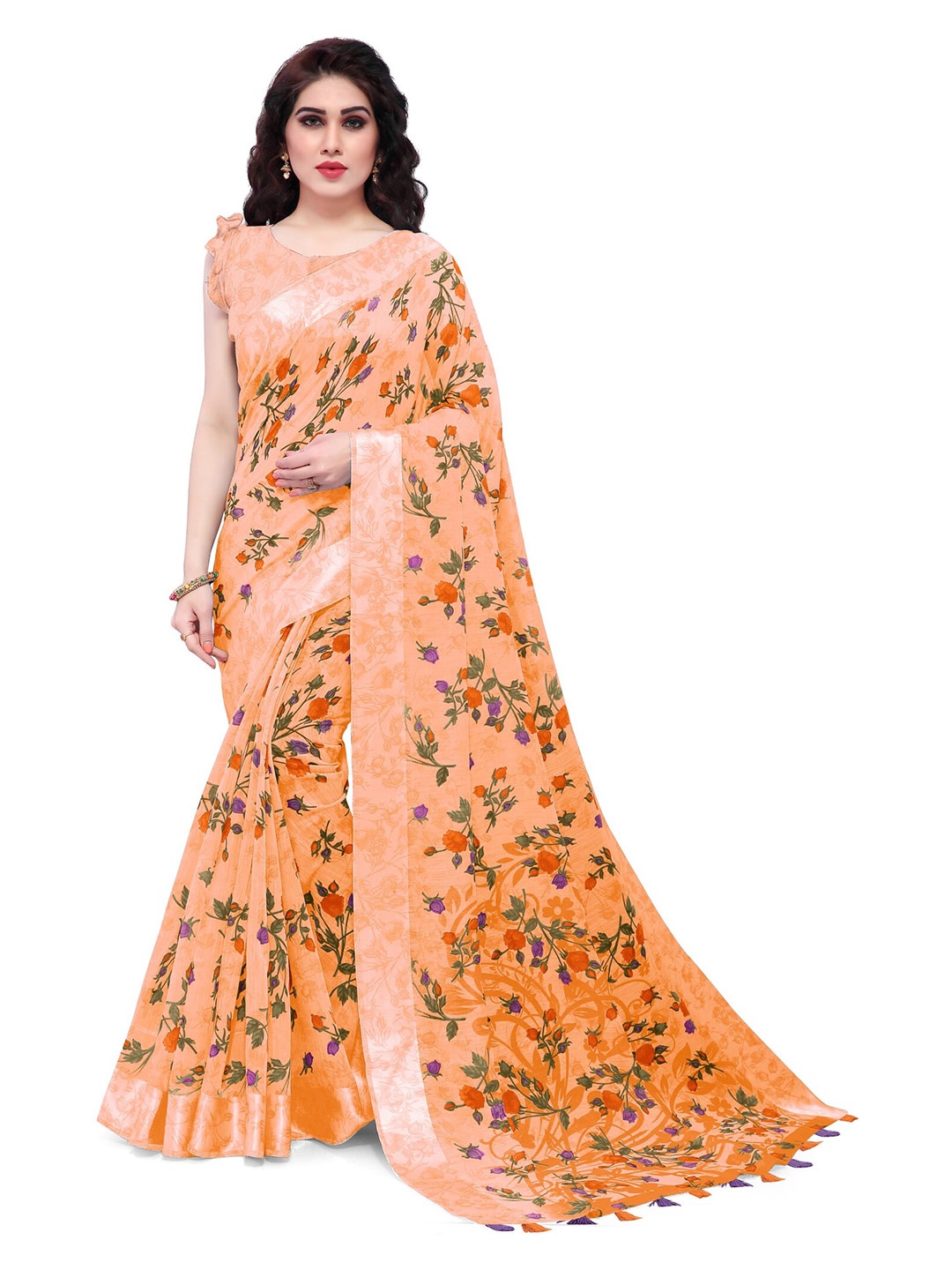 

KALINI Orange & Blue Floral Printed Bagh Saree