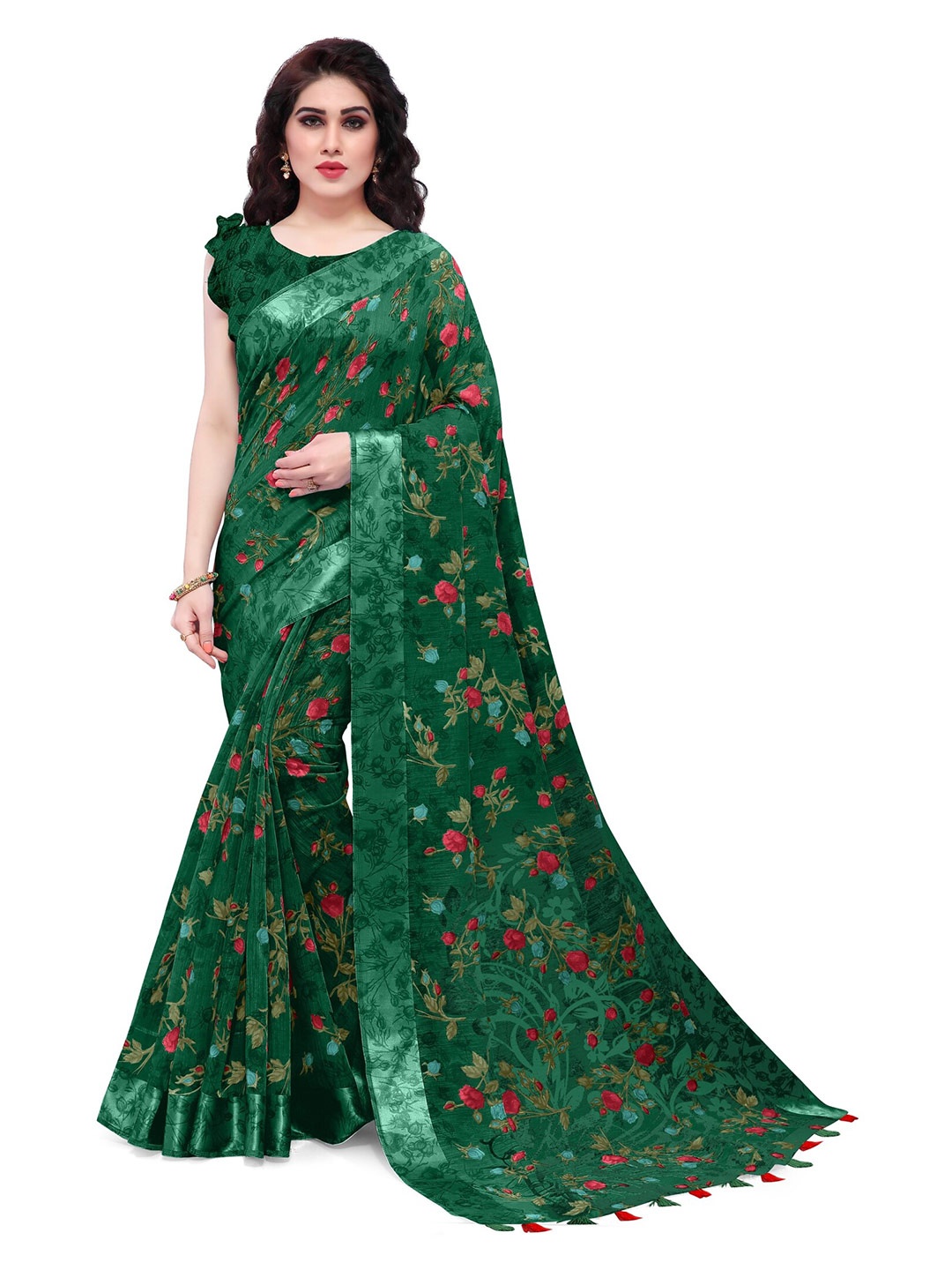 

KALINI Green & Fuchsia Floral Bagh Saree