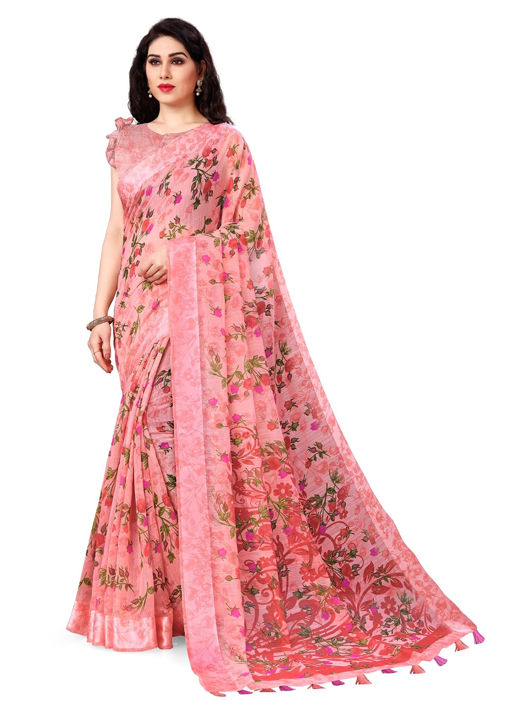 

KALINI Peach-Coloured & Green Floral Bagh Saree