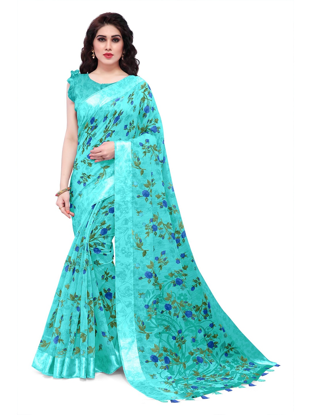 

KALINI Teal & Green Floral Printed Saree