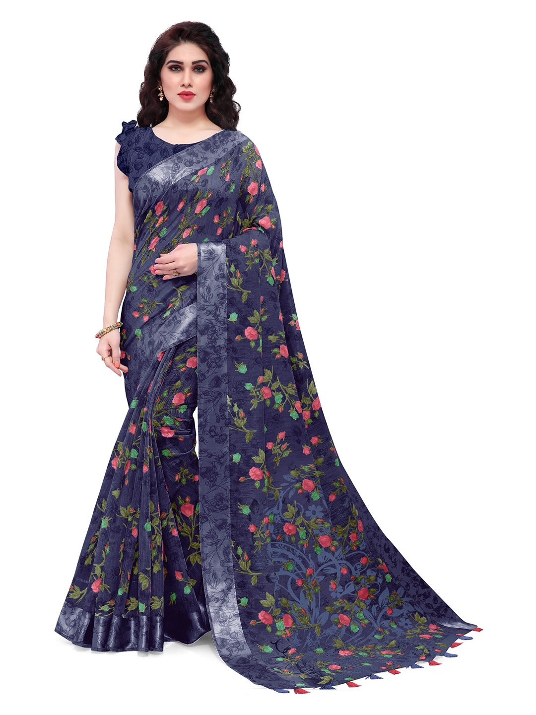 

KALINI Navy Blue & Red Floral Bagh Saree