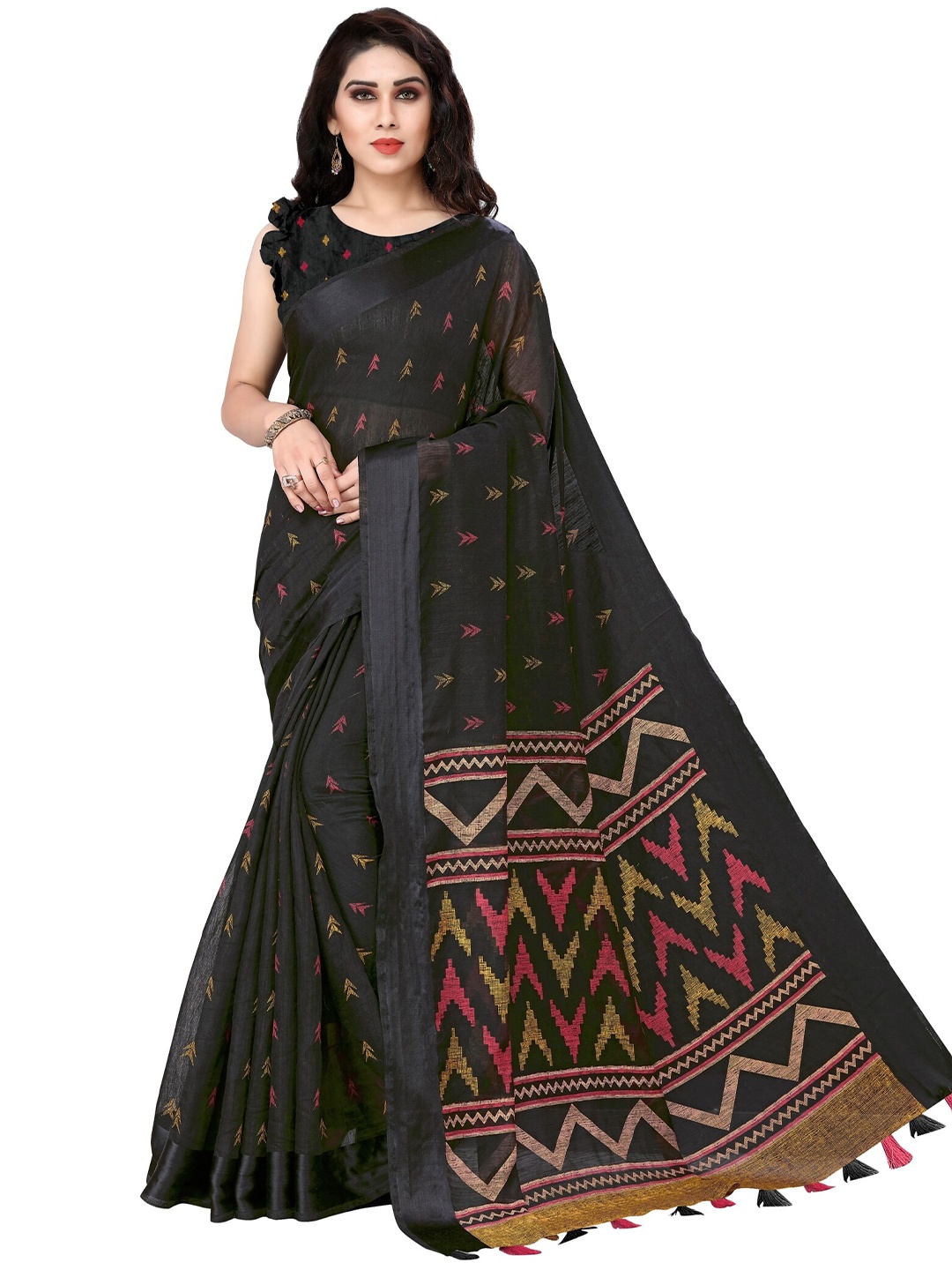 

KALINI Black & Magenta Geometric Printed Saree