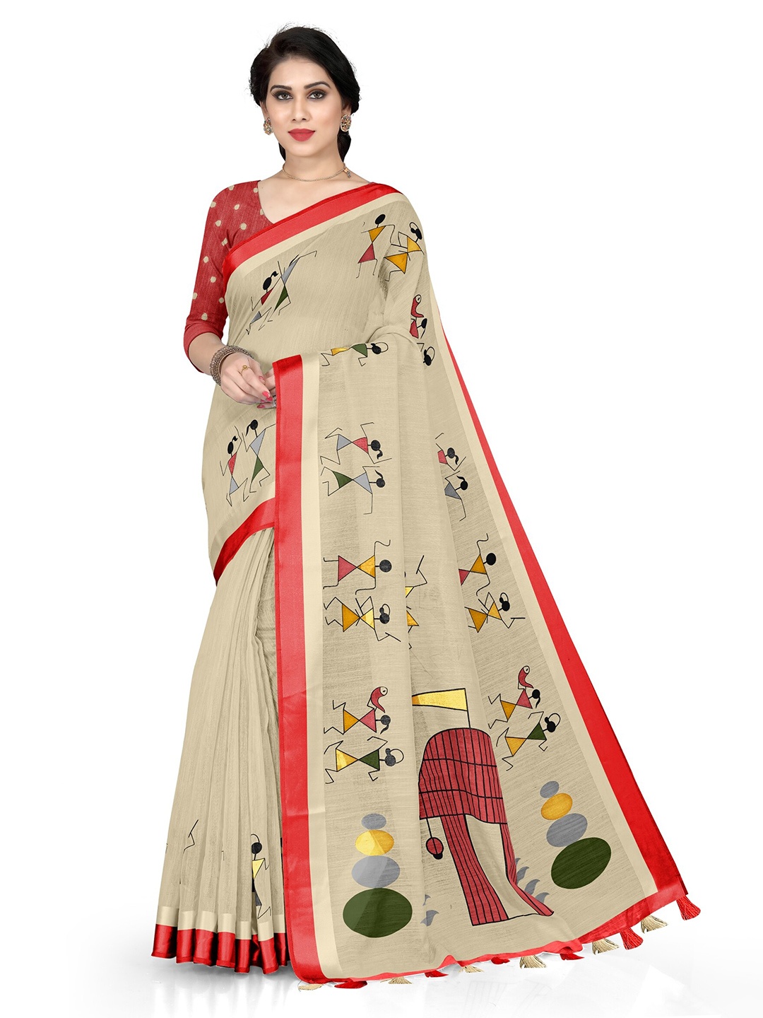 

KALINI Beige & Red Warli Saree