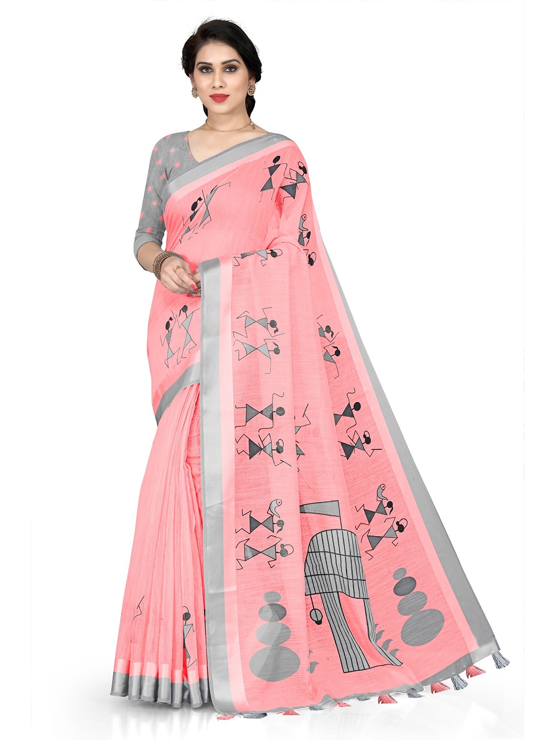

KALINI Pink & Grey Warli Printed Saree