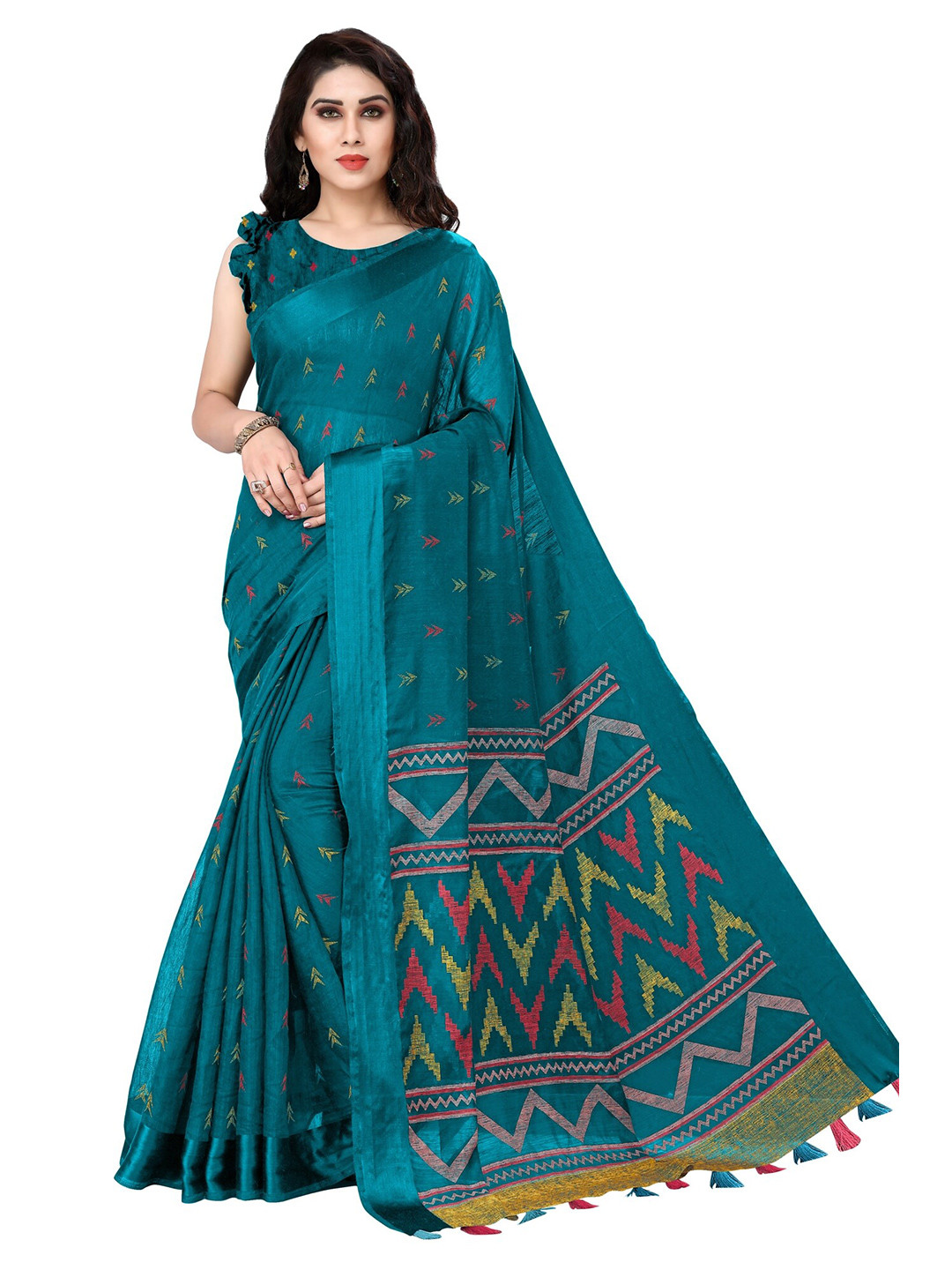

KALINI Teal Blue & Red Saree