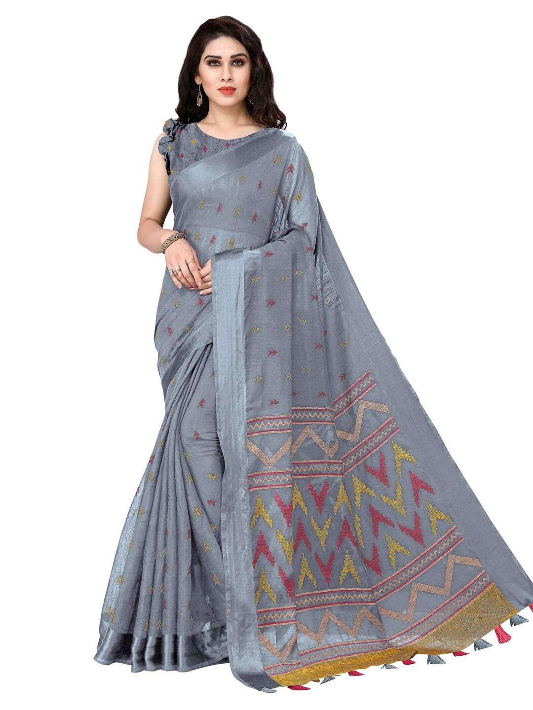 

KALINI Grey & Yellow Ethnic Motifs Saree