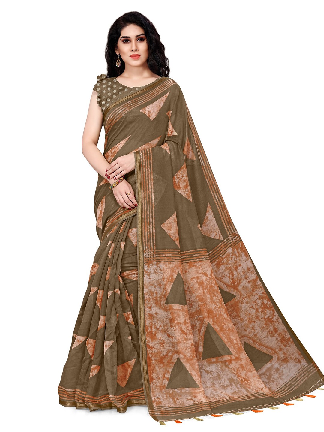 

KALINI Brown & Rust Block Print Saree