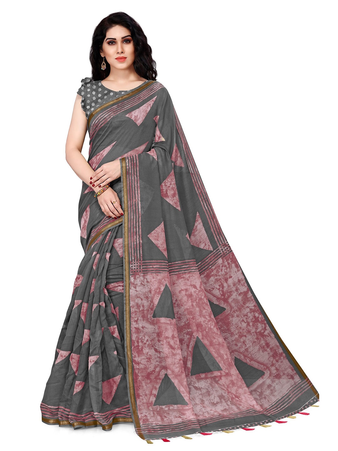 

KALINI Grey & Pink Zari Block Print Saree