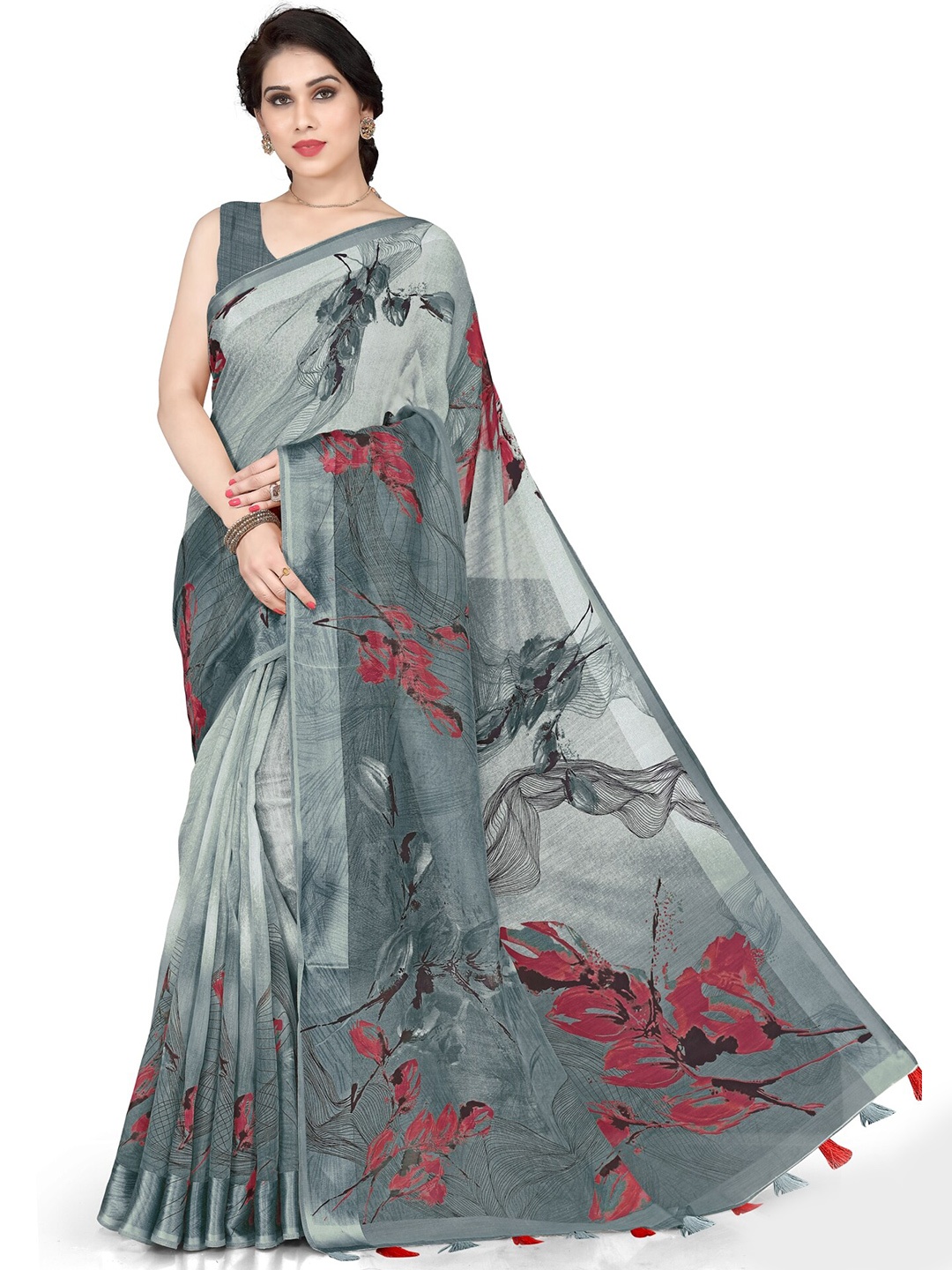 

KALINI Grey Floral Printed Polycotton Saree