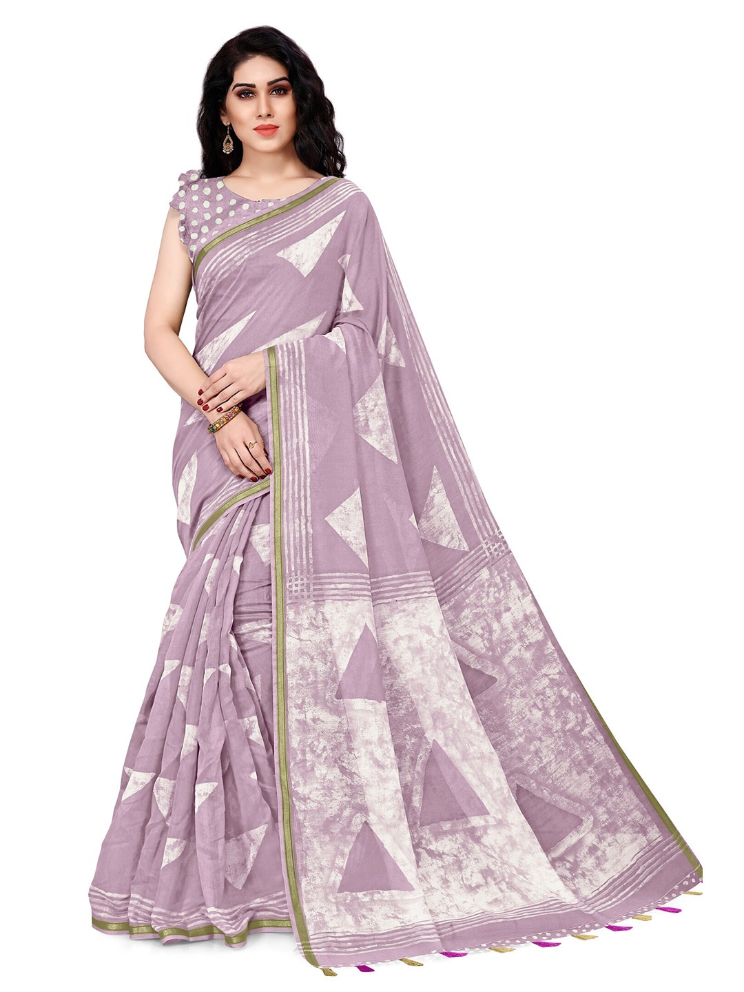 

KALINI Purple & White Printed Zari Block Print Saree