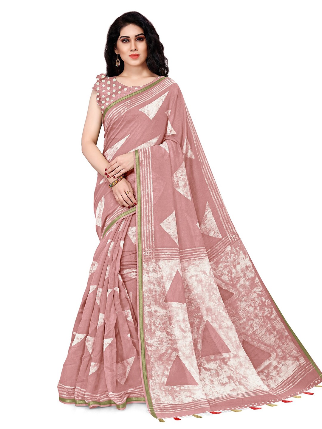 

KALINI Peach-Coloured & White Block Print Saree