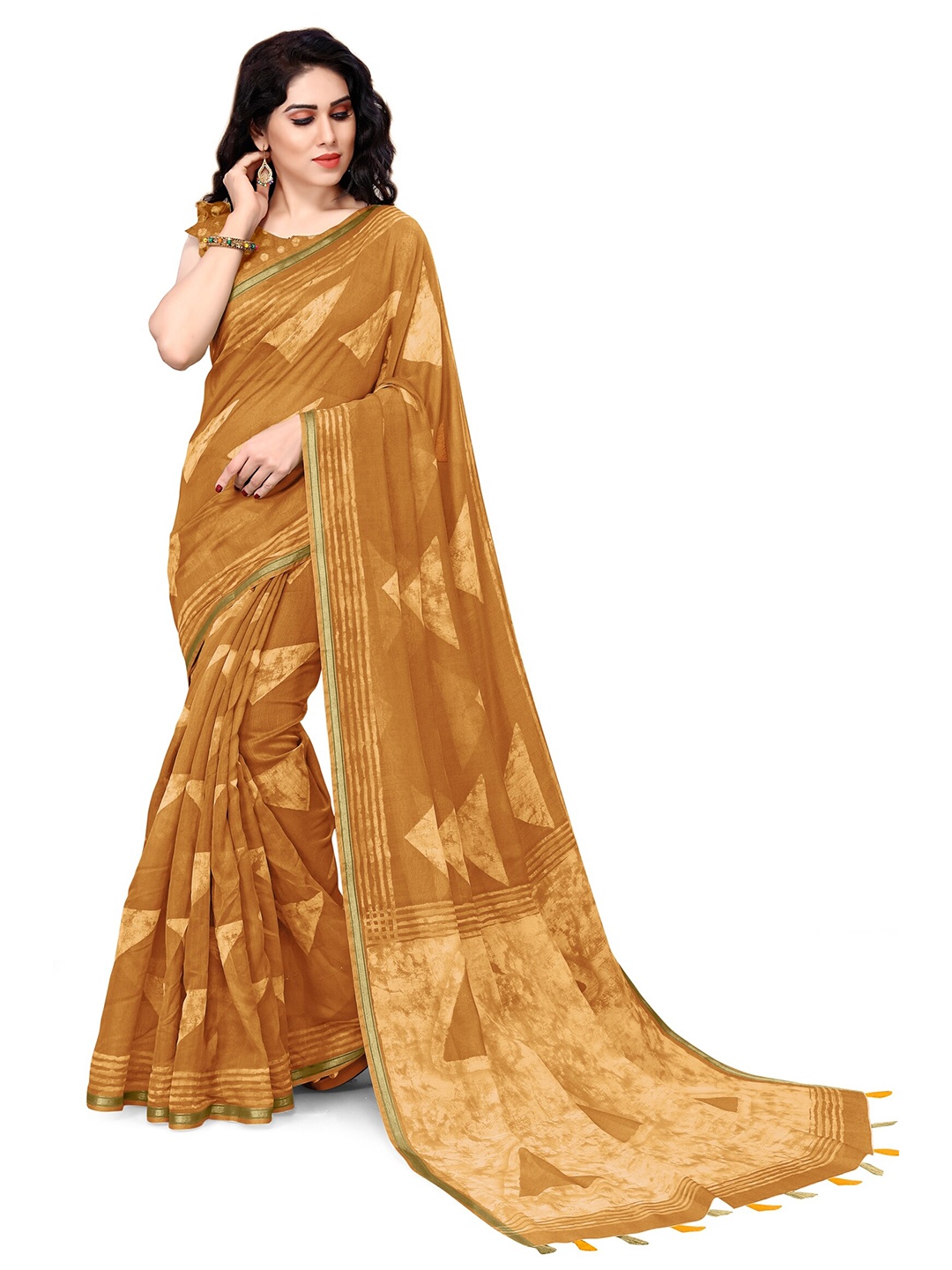 

KALINI Mustard & Camel Brown Zari Block Print Saree